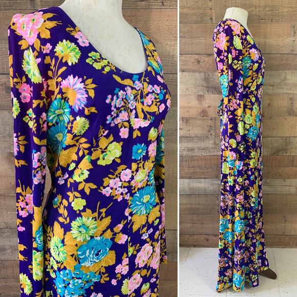 Vintage 1960s 1970s Psychedelic Boho Mod Floral Maxi Dress Tie Waist Size S/M - Picture 2 of 9